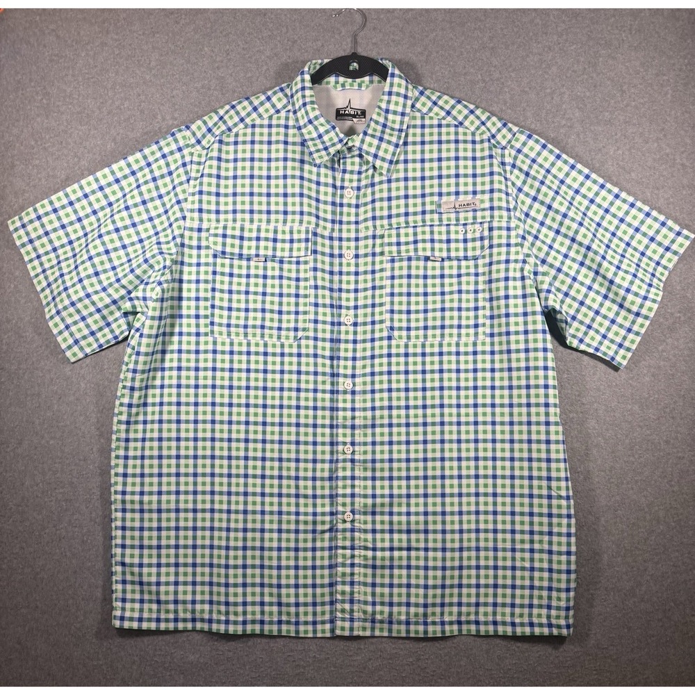 Habit Men's XL Plaid Short Sleeve Button-Up Shirt Green Blue White Pockets